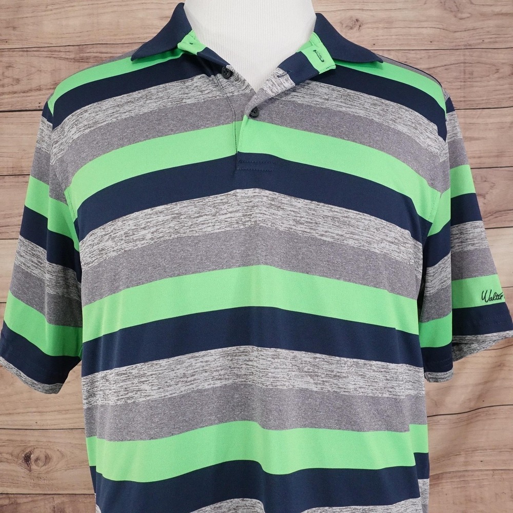 Walter Hagen Polo Shirt Mens Large Blue Green Gray Stripe Golf Performance